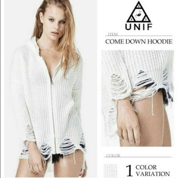 UNIF Sweaters - UNIF Comedown Distressed Hoodie Sweater, Ivory, M